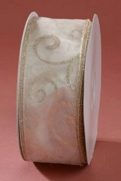 2.5" X 50yds Swirl Wired Ribbon Ivory/gold