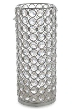 4" X 9.75" Crystal Bead Cylinder Candle Holder Silver