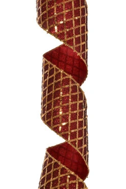 4" X 10Yds Metallic Sequin Check Wired Ribbon Burgundy