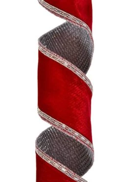 4"x 5 Yds Embroidered Jewel Edge Velvet Ribbon Red/silver