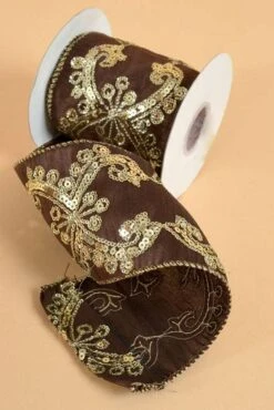4" X 5yds Sequin Embroidered Wired Ribbon Chocolate