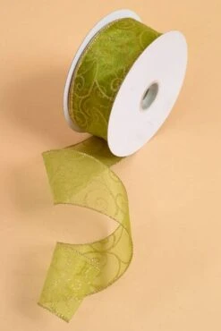 2.5" X 50yds Glitter Swirl Sheer Wired Ribbon Spring Moss/gold