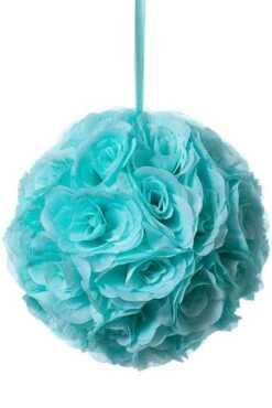 12" Rose Ball W/ribbon Aqua