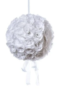 14" Rose Ball W/hang Ribbon White