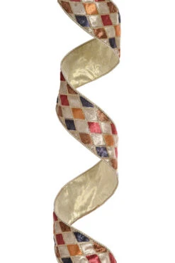 2.5" X 10Yds Wired Velvet Glitter Harlequin Ribbon Burgundy/Gold