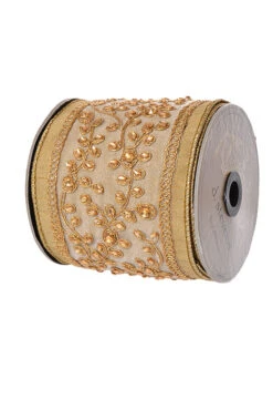 4" X 5Yds Faux Dupion Jeweled Leaves Gold/Gold