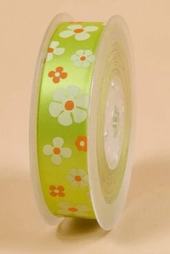 7/8" X 25yds Single Face Satin W/printed Flowers Apple Green #550