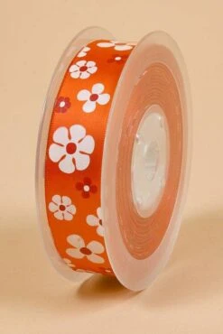 7/8" X 25yds Single Face Satin W/printed Flowers Torrid Orange #750