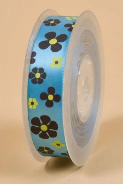 7/8" X 25yds Single Face Satin W/printed Flowers Turquoise #340