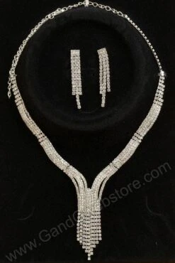 Crystal Rhinestone Necklace & Earrings Set Silver