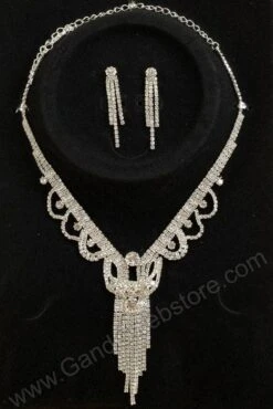 Rhinestone Necklace & Earrings Set Silver